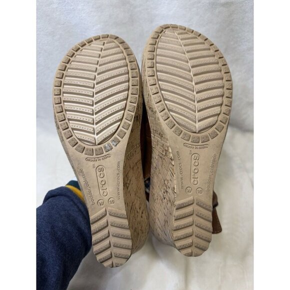 CROCS A-Leigh Brown Leather Slingback Strap Cork Wedge Sandals Size 10 - Picture 9 of 12
